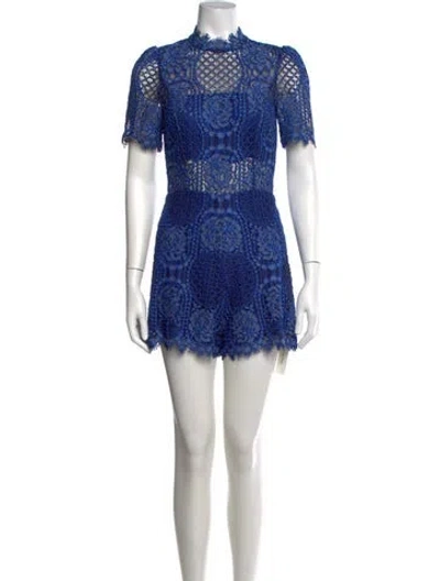 Pre-owned Alexis Lace Pattern Mock Neck Romper In Blue