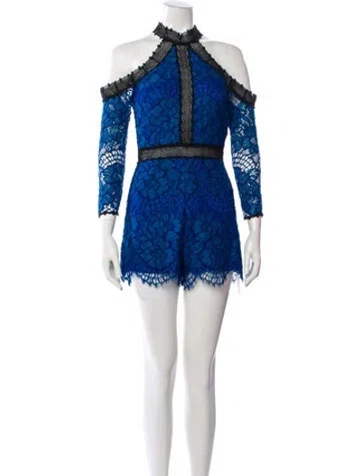 Pre-owned Alexis Lace Pattern Mock Neck Romper W/ Tags In Blue