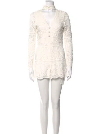 Pre-owned Alexis Lace Pattern Mock Neck Romper In White