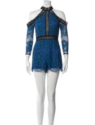 Pre-owned Alexis Lace Pattern Off-the-shoulder Romper In Blue