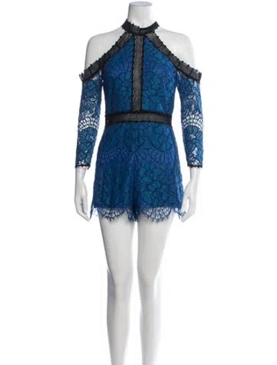 Pre-owned Alexis Lace Pattern Off-the-shoulder Romper In Blue
