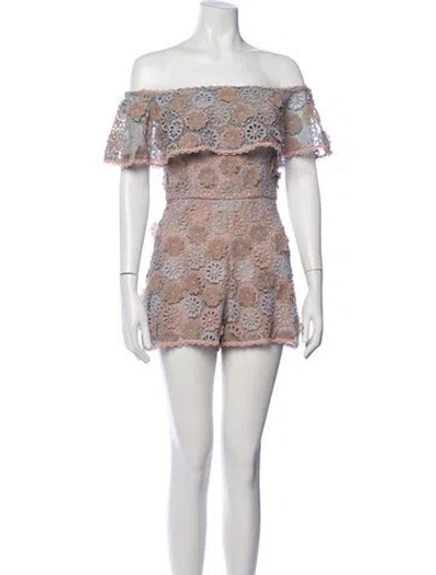 Pre-owned Alexis Lace Pattern Off-the-shoulder Romper In Blue/neutrals
