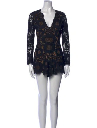 Pre-owned Alexis Lace Pattern Plunge Neckline Romper In Black