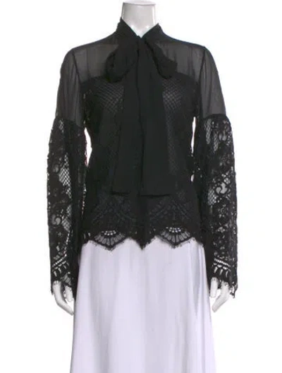 Pre-owned Alexis Lace Pattern Tie Neck Blouse In Black