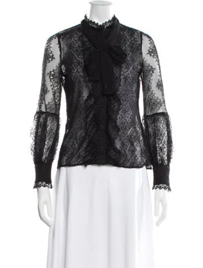 Pre-owned Alexis Lace Pattern Tie Neck Blouse In Black