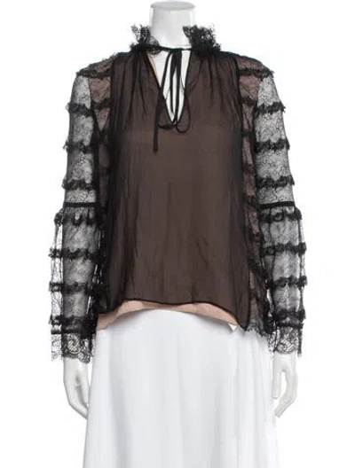 Pre-owned Alexis Lace Pattern Tie Neck Blouse In Black