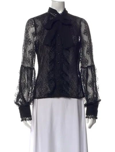 Pre-owned Alexis Lace Pattern Tie Neck Blouse In Black