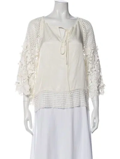 Pre-owned Alexis Lace Pattern Tie Neck Blouse In Neutral