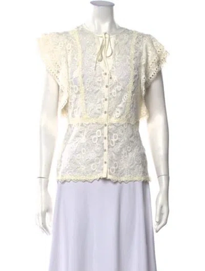 Pre-owned Alexis Lace Pattern Tie Neck Blouse In White