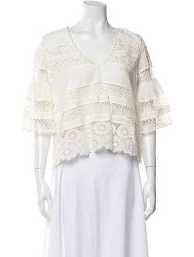Pre-owned Alexis Lace Pattern V-neck Blouse In White