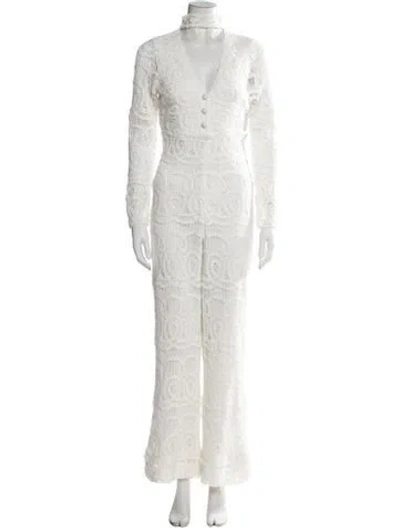 Pre-owned Alexis Lace Pattern V-neck Jumpsuit In White