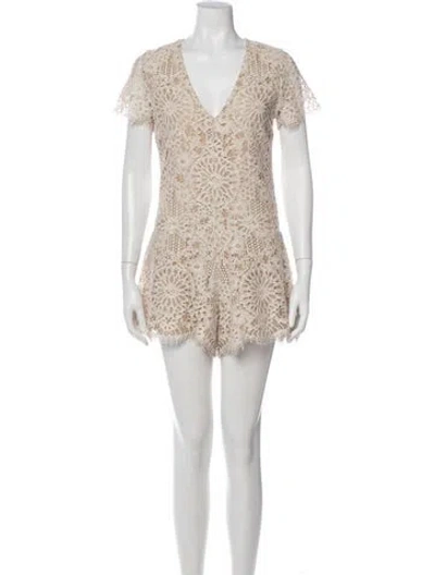 Pre-owned Alexis Lace Pattern V-neck Romper In White