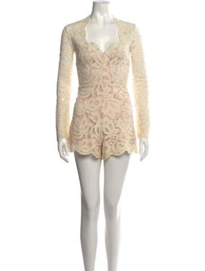 Pre-owned Alexis Lace Pattern V-neck Romper In White