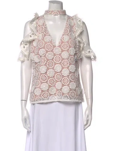 Pre-owned Alexis Lace Pattern V-neck Top In White