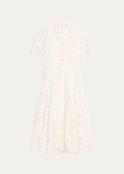 Alexis Ledina Cutwork Embroidered Floral Lace Midi Dress In White