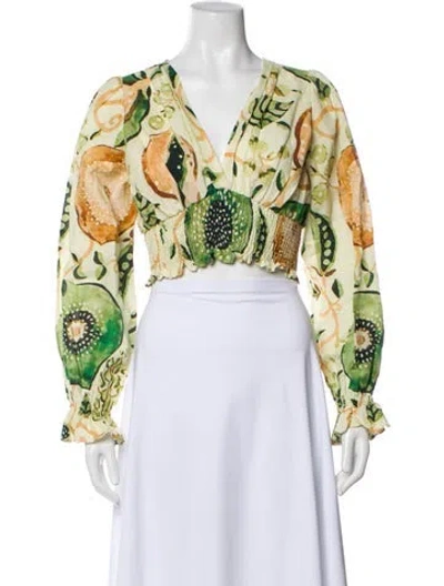 Pre-owned Alexis Linen Floral Print Crop Top In Green