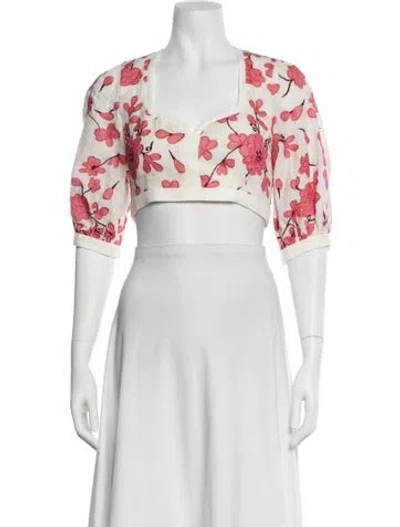 Pre-owned Alexis Linen Floral Print Crop Top In White