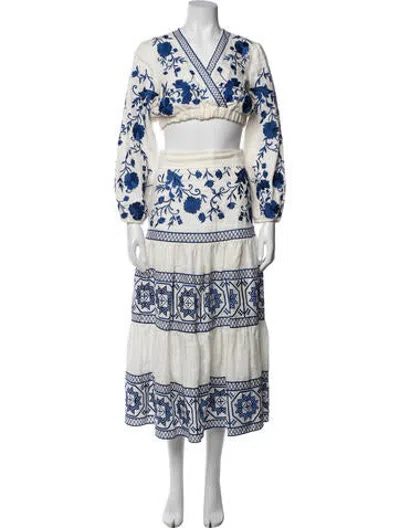 Pre-owned Alexis Linen Floral Print Skirt Set In Blue/white