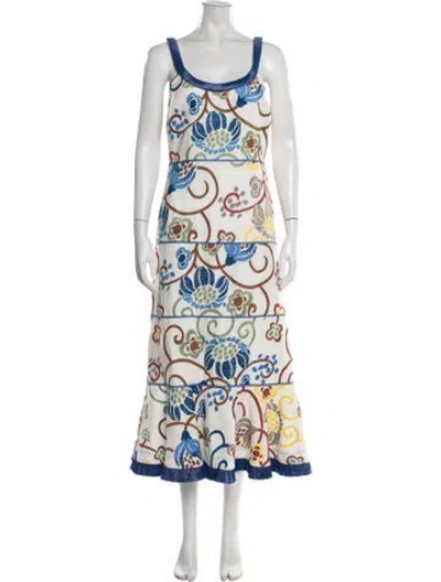 Pre-owned Alexis Linen Midi Length Dress In Blue/neutrals