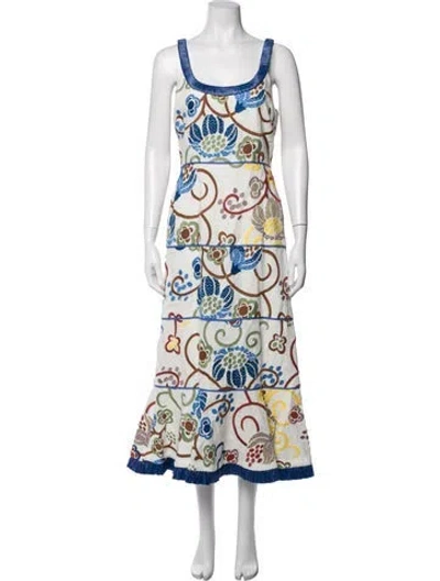 Pre-owned Alexis Linen Midi Length Dress W/ Tags In Blue/brown/green
