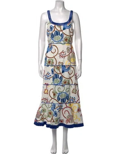 Pre-owned Alexis Linen Midi Length Dress W/ Tags In Blue/brown/green