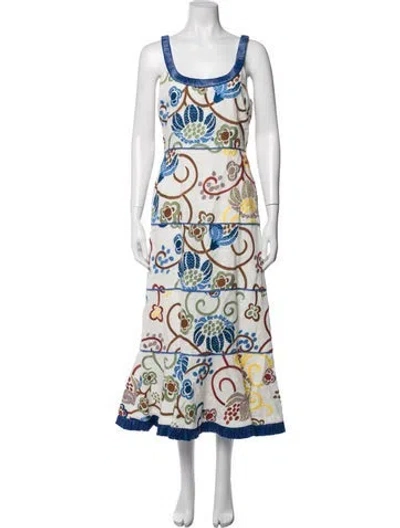 Pre-owned Alexis Linen Midi Length Dress W/ Tags In Blue/brown/green