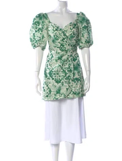 Pre-owned Alexis Linen Printed Top In Green