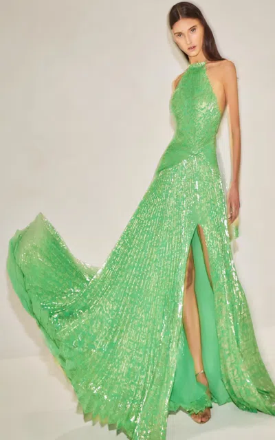 Alexis Loic Sequined Jacquard Maxi Dress In Green