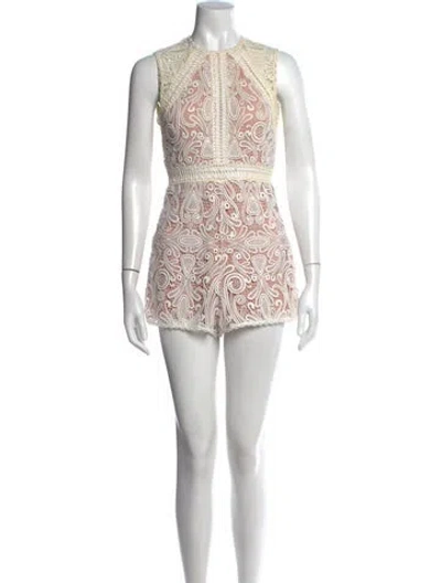 Pre-owned Alexis Paisley Print Crew Neck Romper In White