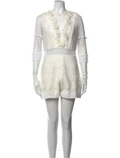 Pre-owned Alexis Patterned Crew Neck Romper In White