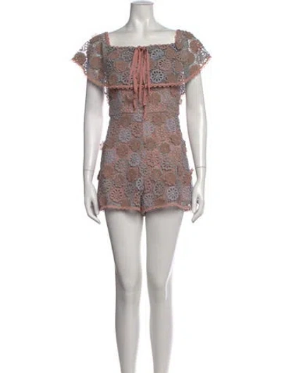 Pre-owned Alexis Patterned Square Neckline Romper In Pink