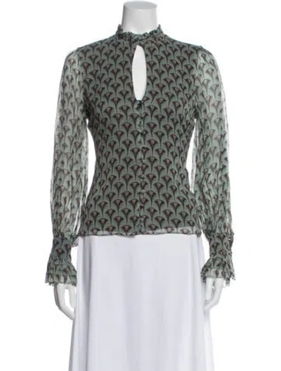 Pre-owned Alexis Patterned Tie Neck Blouse In Green