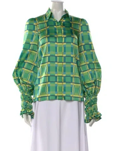 Pre-owned Alexis Plaid Print Long Sleeve Blouse In Green