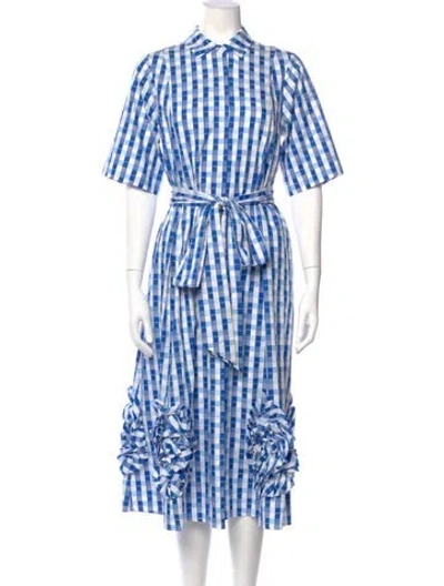 Pre-owned Alexis Plaid Print Midi Length Dress In Blue
