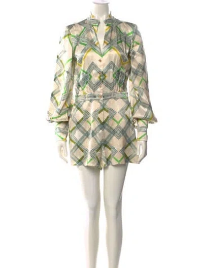 Pre-owned Alexis Plaid Print Mock Neck Romper In Neutral