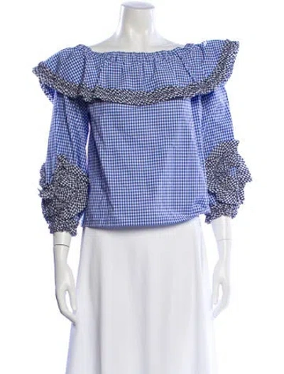Pre-owned Alexis Plaid Print Off-the-shoulder Blouse In Blue