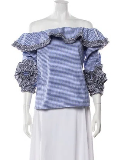 Pre-owned Alexis Plaid Print Off-the-shoulder Blouse In Blue