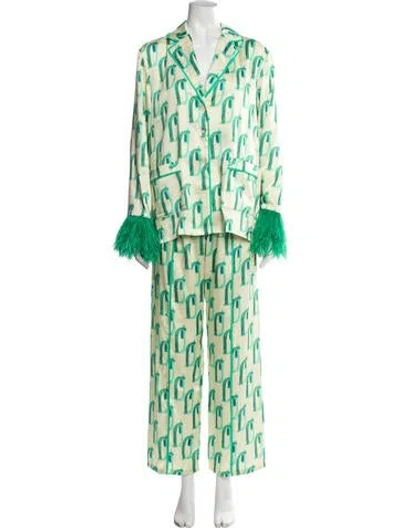 Pre-owned Alexis Printed Feather Trim Pant Set W/ Tags In Green