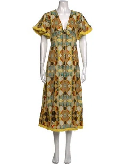 Pre-owned Alexis Printed Midi Length Dress In Yellow