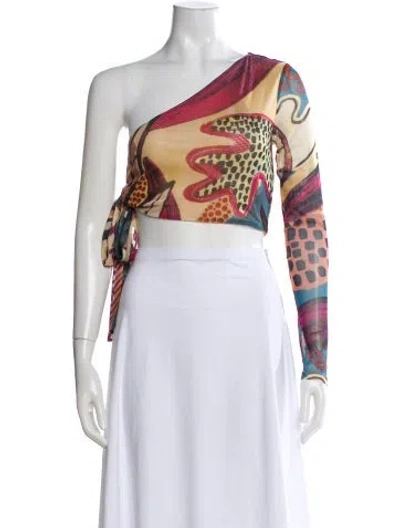 Pre-owned Alexis Printed One-shoulder Crop Top In Multi