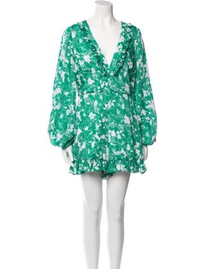Pre-owned Alexis Printed Plunge Neckline Romper In Green