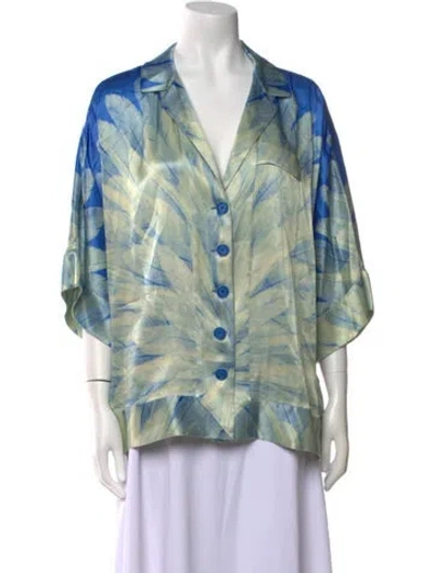 Pre-owned Alexis Printed Three-quarter Sleeve Button-up Top In Green