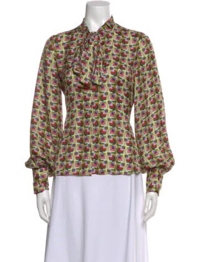 Pre-owned Alexis Printed Tie Neck Blouse In Green