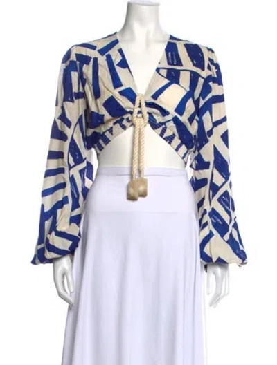 Pre-owned Alexis Printed V-neck Crop Top In Blue/white