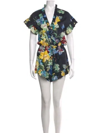 Pre-owned Alexis Printed V-neck Romper In Black