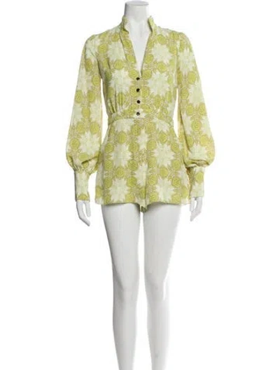 Pre-owned Alexis Printed V-neck Romper In Green