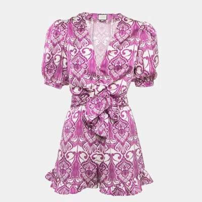Alexis Purple Printed Satin Knotted Romper Jumpsuit