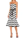 Alexis Ribbon Tie Belt Strapless Drop Waist Midi Dress In Black And White In Multi