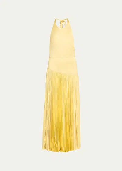 Alexis Saab Pleated Satin Backless Halter Dress In Yellow