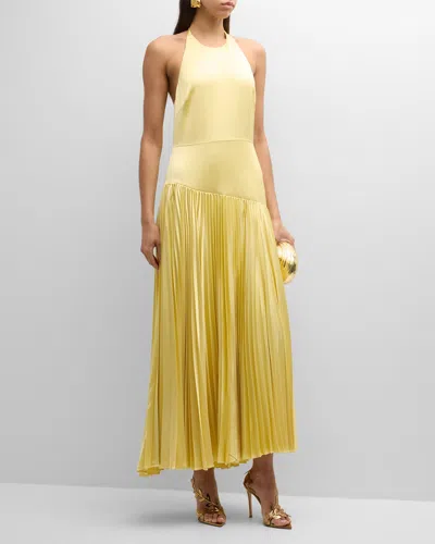 Alexis Saab Pleated Satin Backless Halter Dress In Light Yellow